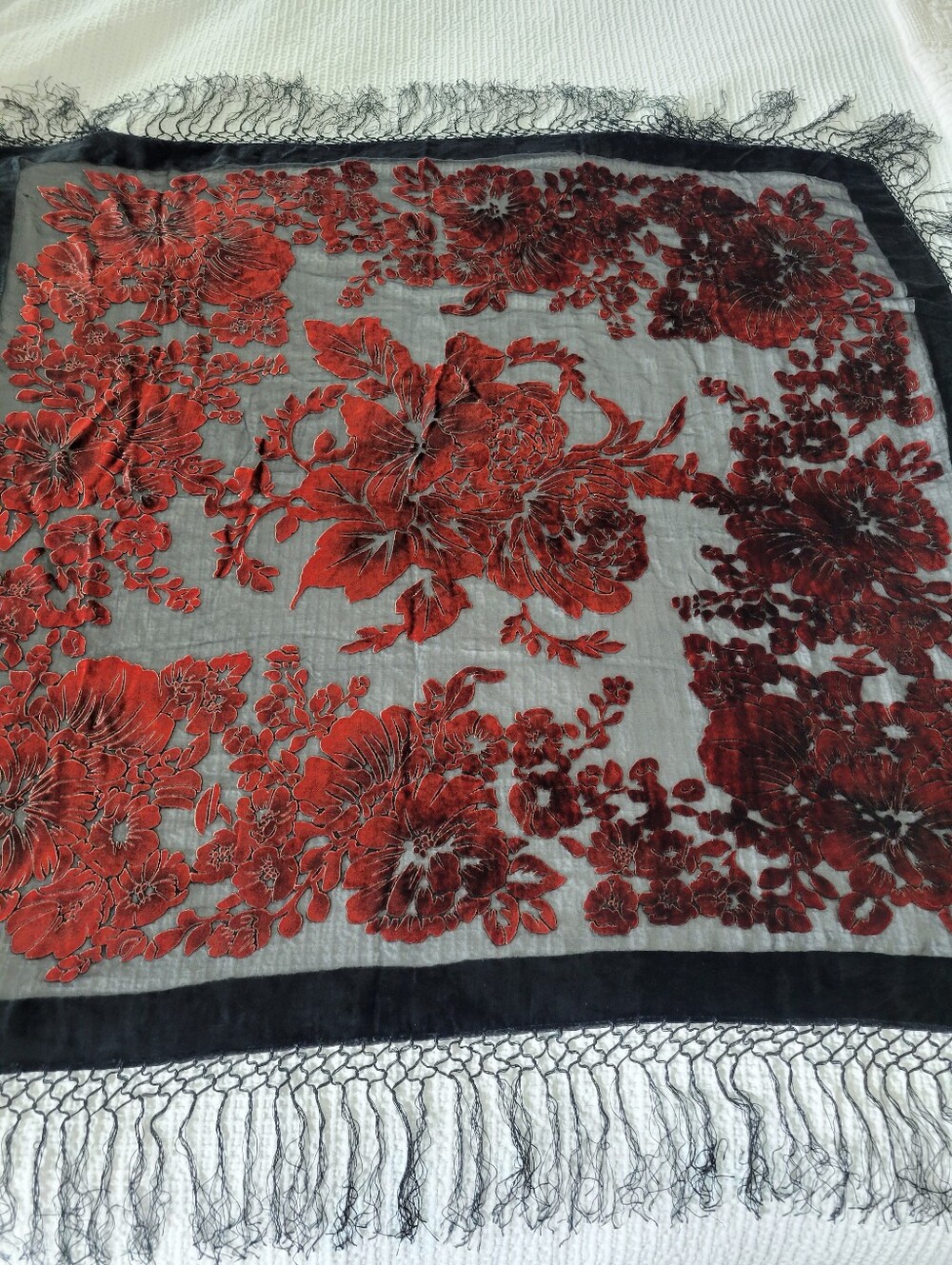 Beautiful Vintage Silk Black And Red Velvet With Fringe Large Scarf.48X48